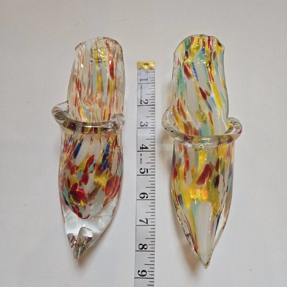 Pair Of Vintage Murano Style Italian Art Glass Slipper Heel Shoe Multicolor Chip - Picture 12 of 14